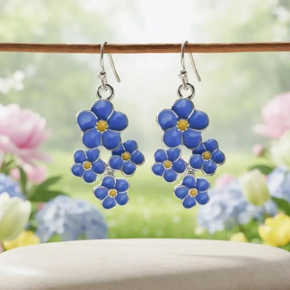 Blue Forget-Me-Not Flowers Drop Earrings Handcrafted Bohemian Botanical Jewelry